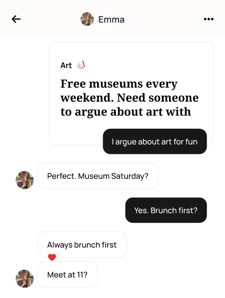 An Alyke chat with Emma that opens under her Art card about free museums every weekend and goes from I argue about art for fun to a museum on Saturday, brunch first, meeting at 11