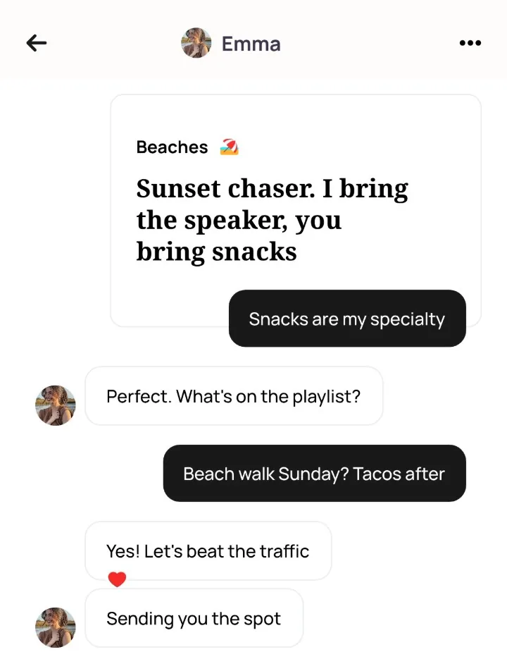 An Alyke chat with Emma that starts under her Beaches card, from Snacks are my specialty to Beach walk Sunday? Tacos after, and ends with Sending you the spot