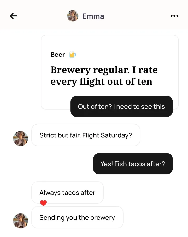 An Alyke chat with Emma that opens under her Beer card and goes from Out of ten? I need to see this to Yes! Fish tacos after? and Sending you the brewery