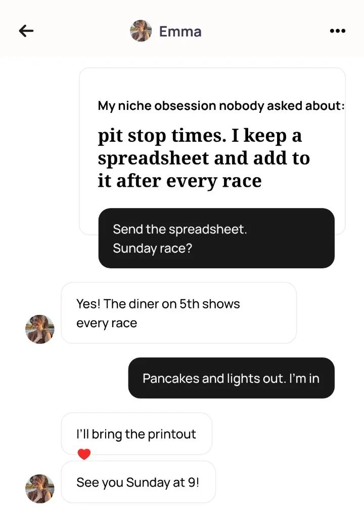 An Alyke chat with Emma that opens on her pit stop prompt and the comment, then: Yes! The diner on 5th shows every race. Pancakes and lights out. I'm in. I'll bring the printout. See you Sunday at 9!