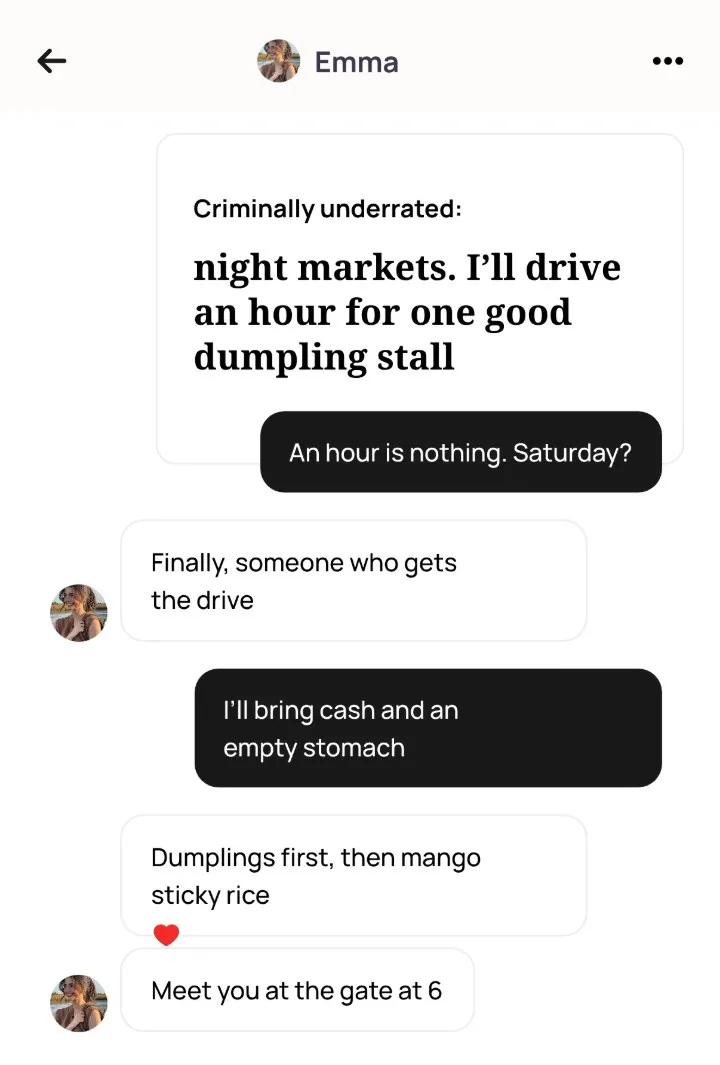 An Alyke chat with Emma that opens on her prompt and that comment, then: Finally, someone who gets the drive. I'll bring cash and an empty stomach. Dumplings first, then mango sticky rice. Meet you at the gate at 6