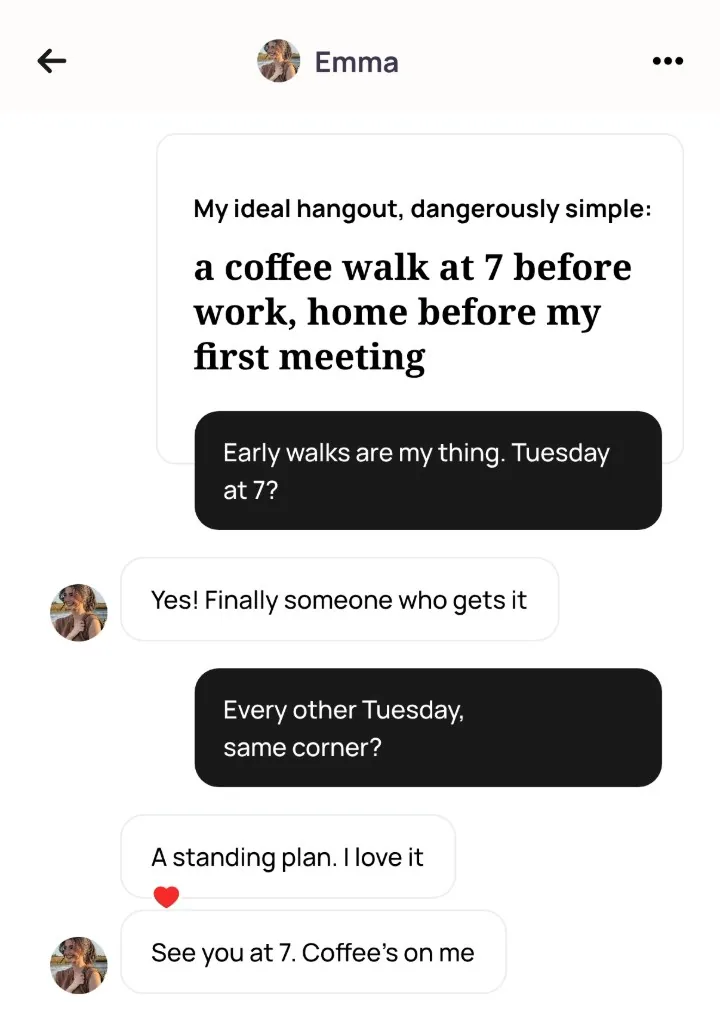 An Alyke chat with Emma that starts under her prompt about a coffee walk before work, from the comment Early walks are my thing. Tuesday at 7? to every other Tuesday at the same corner, with coffee on her