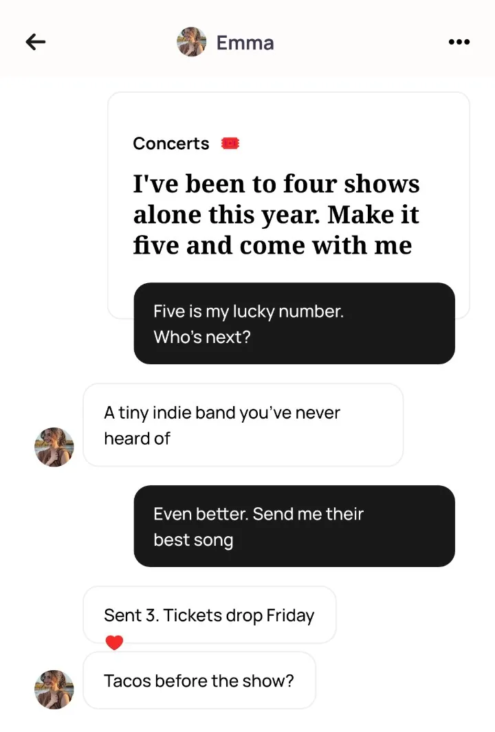 An Alyke chat with Emma that opens under her Concerts card, from Five is my lucky number. Who's next? to Sent 3. Tickets drop Friday and Tacos before the show?