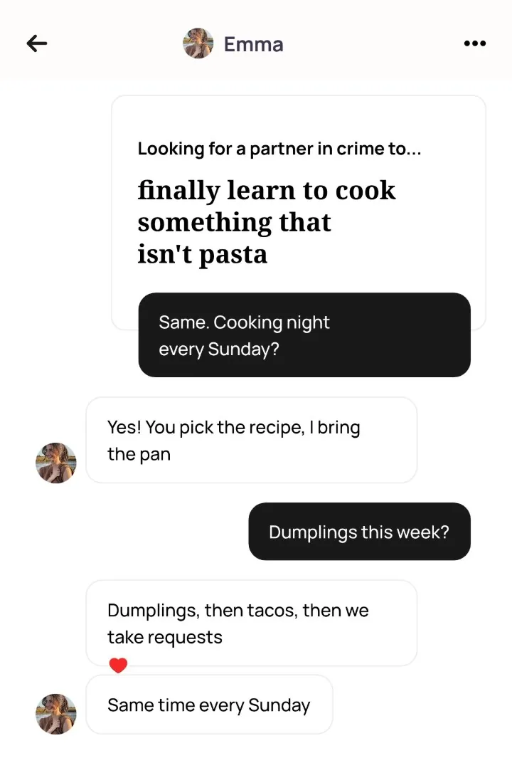 An Alyke chat that opens on the same prompt and ends with a weekly Sunday cooking night agreed, starting with dumplings