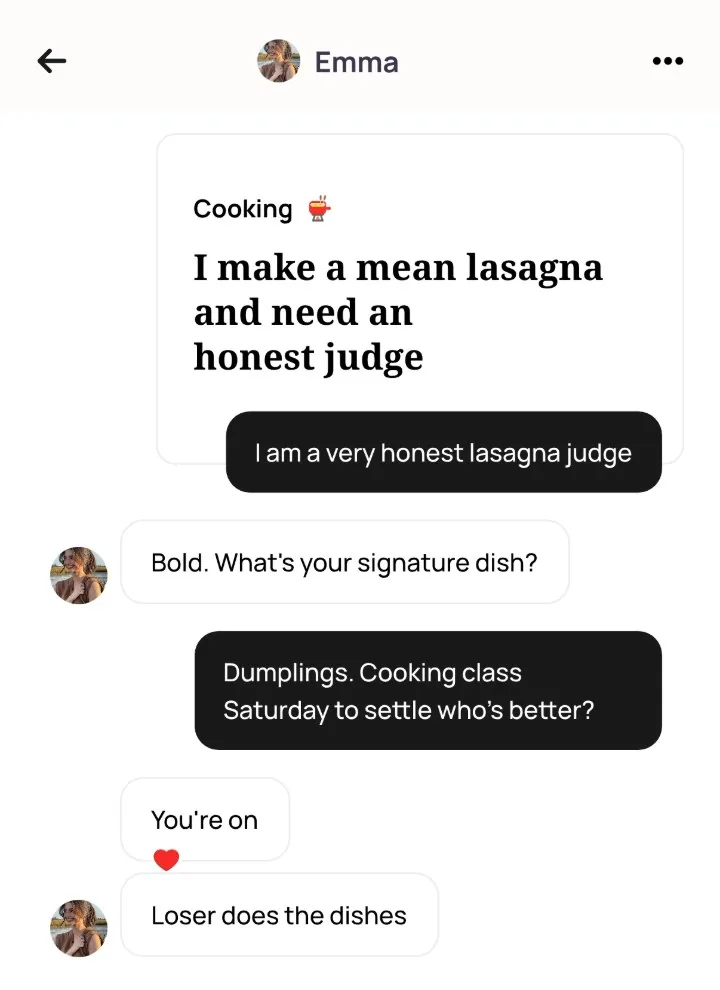 An Alyke chat with Emma that opens under her Cooking card, from I am a very honest lasagna judge to a cooking class on Saturday, ending with Loser does the dishes