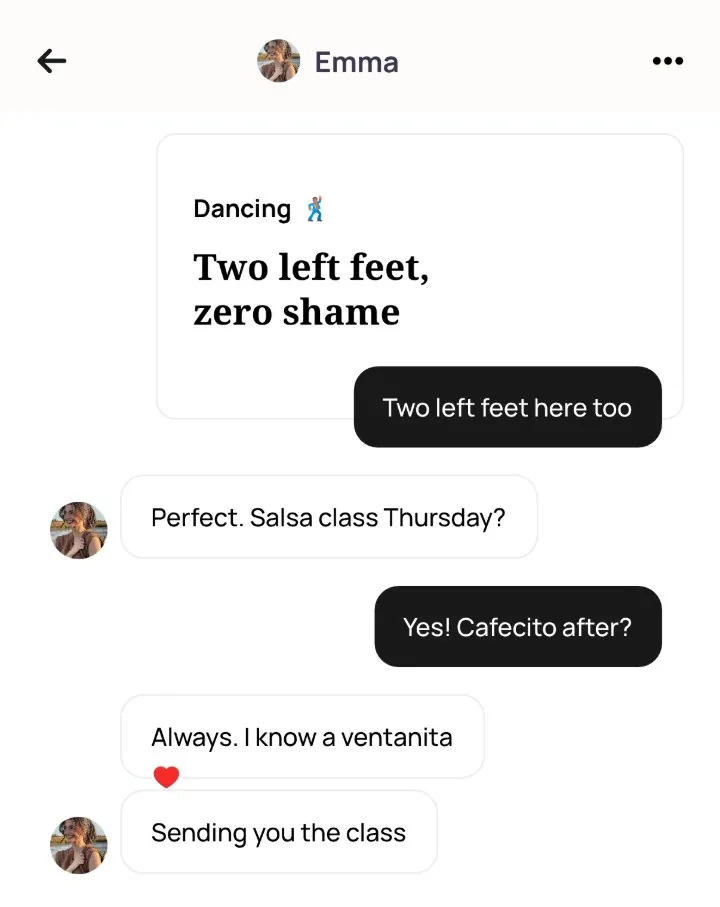 An Alyke chat with Emma that opens under her Dancing card, Two left feet, zero shame, and goes from a first reply admitting two left feet as well to a salsa class on Thursday with cafecito after