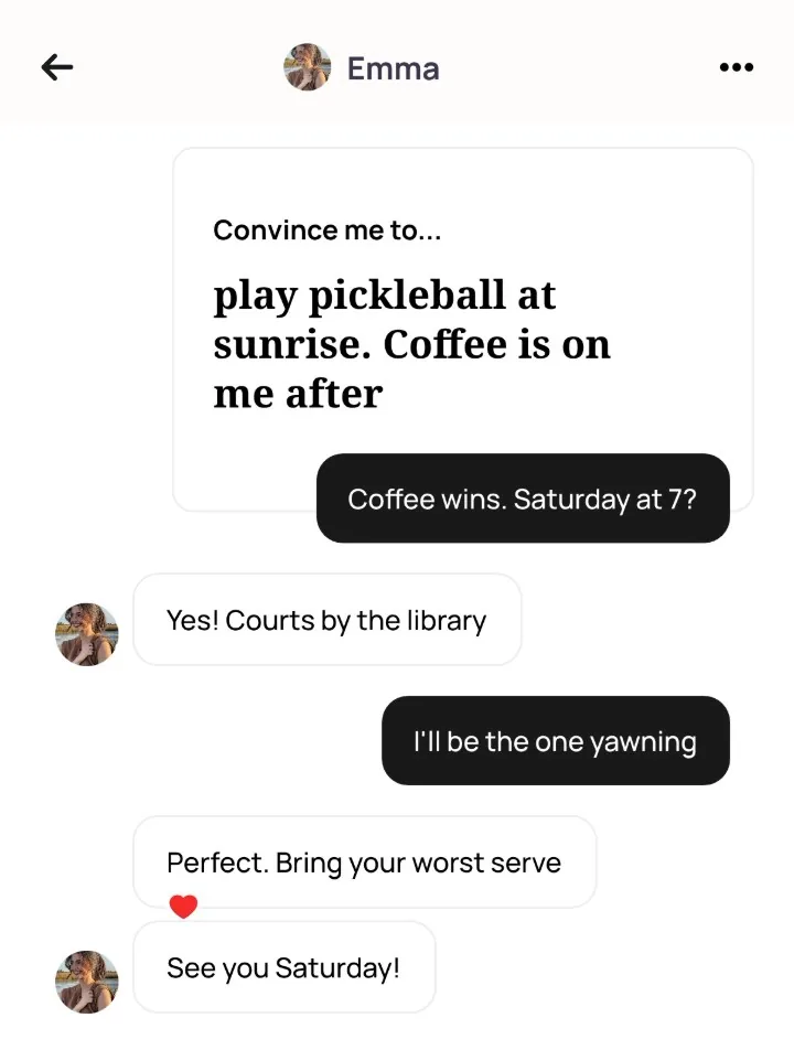 An Alyke chat that opens on the same prompt and ends with a Saturday 7 a.m. game at the courts by the library