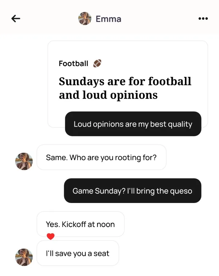 An Alyke chat with Emma that opens on her Football card, Sundays are for football and loud opinions, and runs from Loud opinions are my best quality to Kickoff at noon and I'll save you a seat