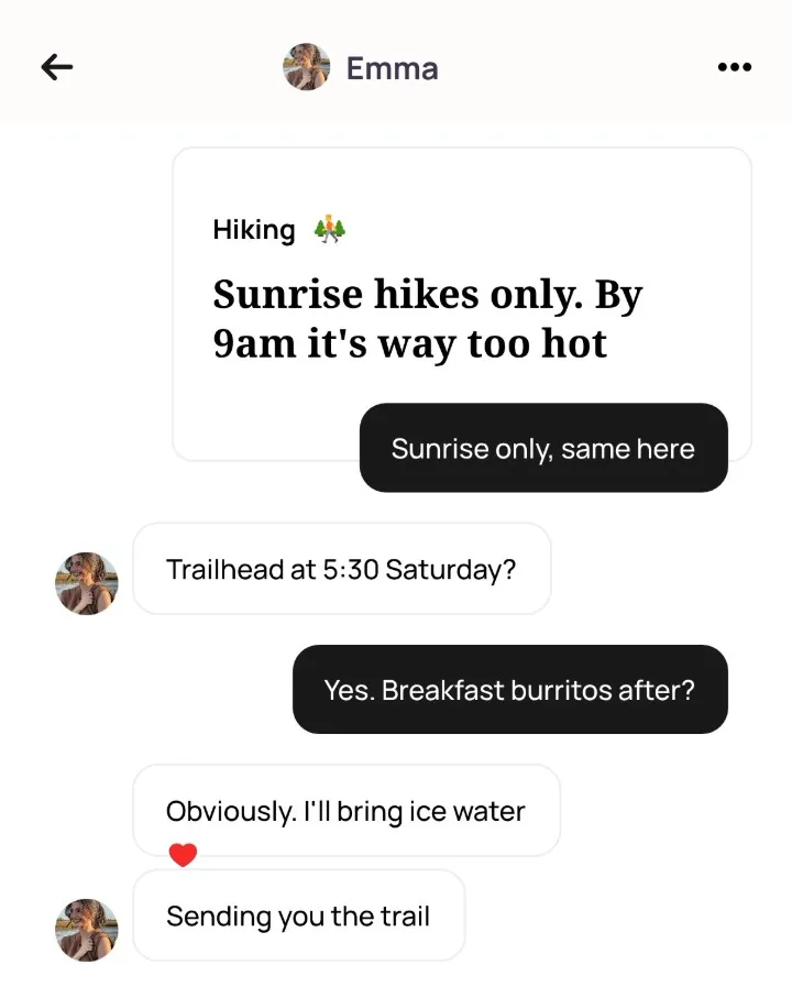 An Alyke chat with Emma that opens under her Hiking card, goes from a reply agreeing on sunrise only to Trailhead at 5:30 Saturday? and ends with Sending you the trail