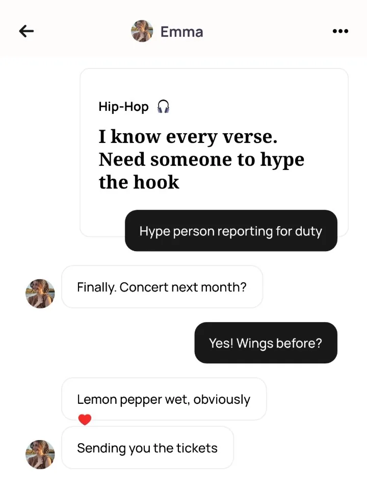 An Alyke chat with Emma that starts under her Hip-Hop card, from Hype person reporting for duty to Lemon pepper wet, obviously, and ends with Sending you the tickets