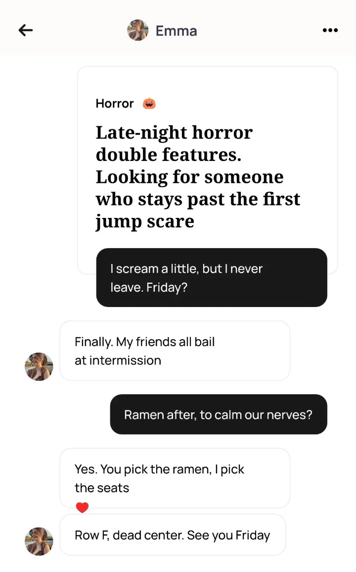 An Alyke chat that opens on Emma's Horror interest, Late-night horror double features. Looking for someone who stays past the first jump scare, followed by the comment I scream a little, but I never leave. Friday? Below it, Emma says yes to ramen afterward and picks seats in row F
