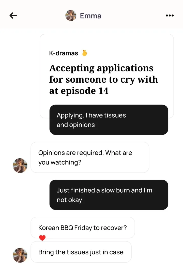 An Alyke chat with Emma that opens under her K-dramas card, from Applying. I have tissues and opinions to Korean BBQ Friday to recover?, ending with Bring the tissues just in case