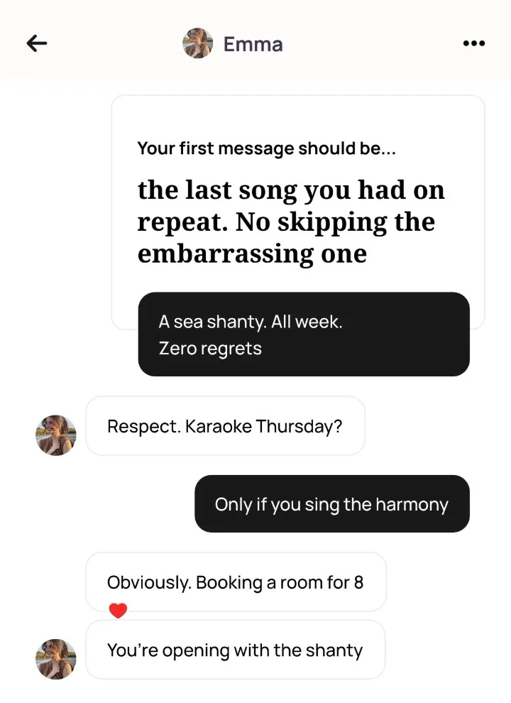 An Alyke chat with Emma that opens on her prompt, starts with the sea shanty comment and books karaoke for Thursday at 8