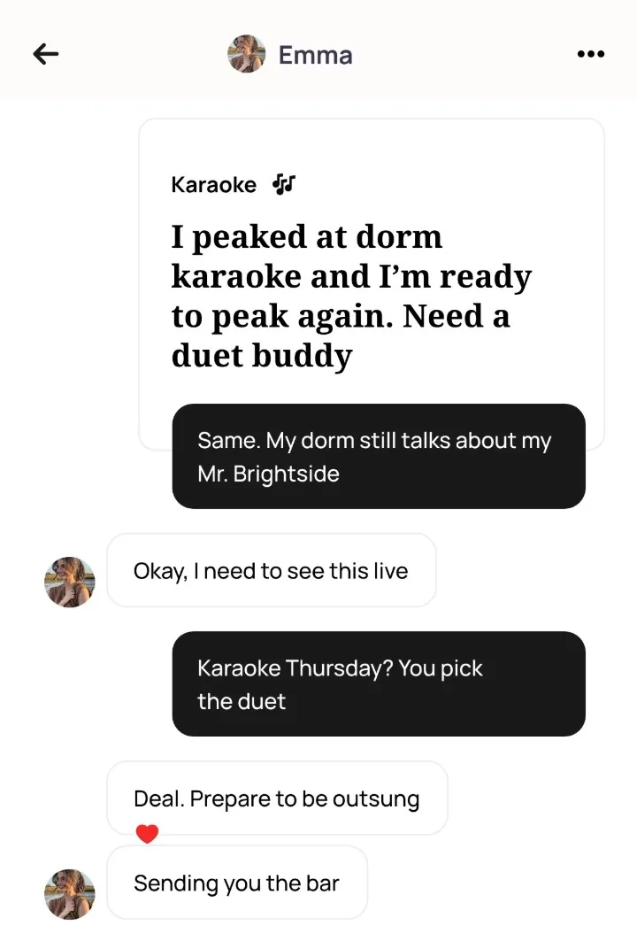 An Alyke chat with Emma that starts under her Karaoke card, from the comment Same. My dorm still talks about my Mr. Brightside to a Thursday karaoke plan, with her sending the bar