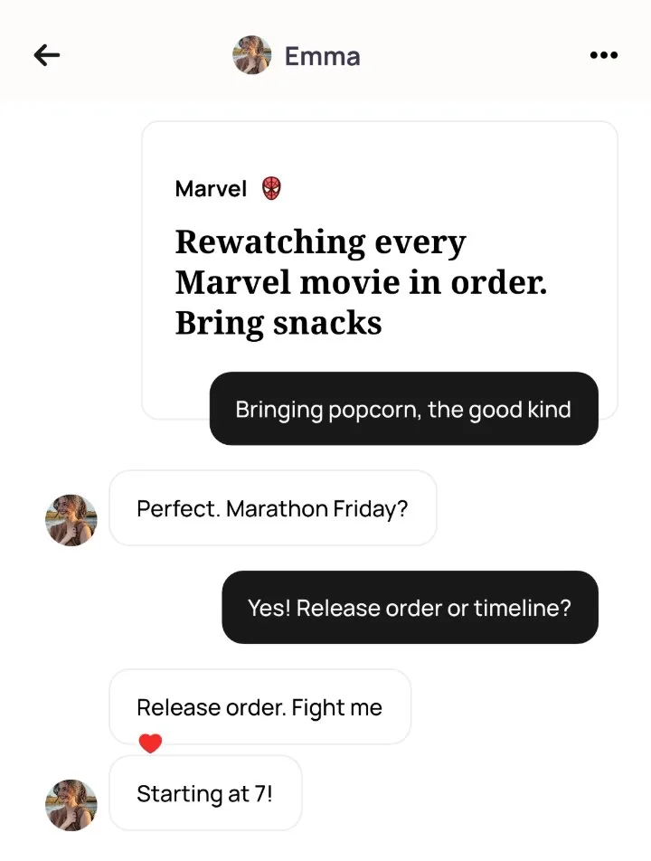 An Alyke chat with Emma that starts under her Marvel card, from Bringing popcorn, the good kind, to Release order. Fight me, and ends with Starting at 7!