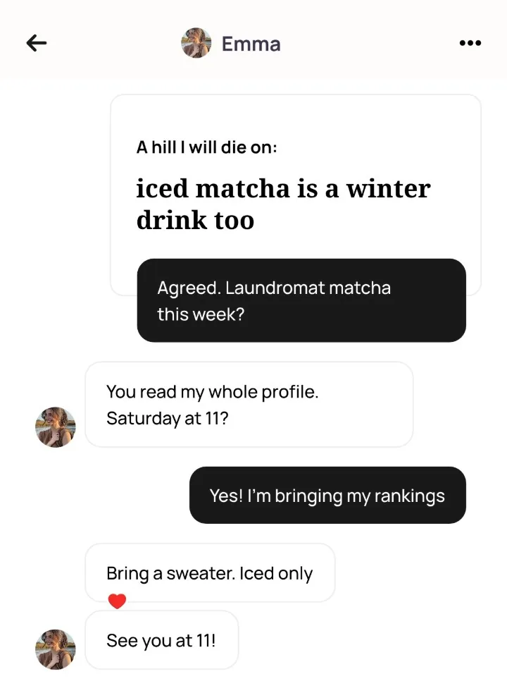 An Alyke chat with Emma that opens on her prompt about iced matcha, where she replies: You read my whole profile. Saturday at 11? and the plan is set