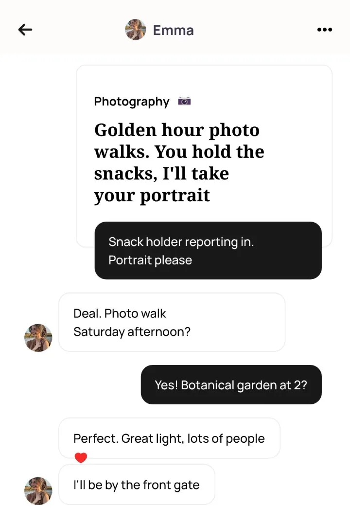 An Alyke chat with Emma that opens on her Photography card and plans a Saturday photo walk at the botanical garden at 2, ending with I'll be by the front gate