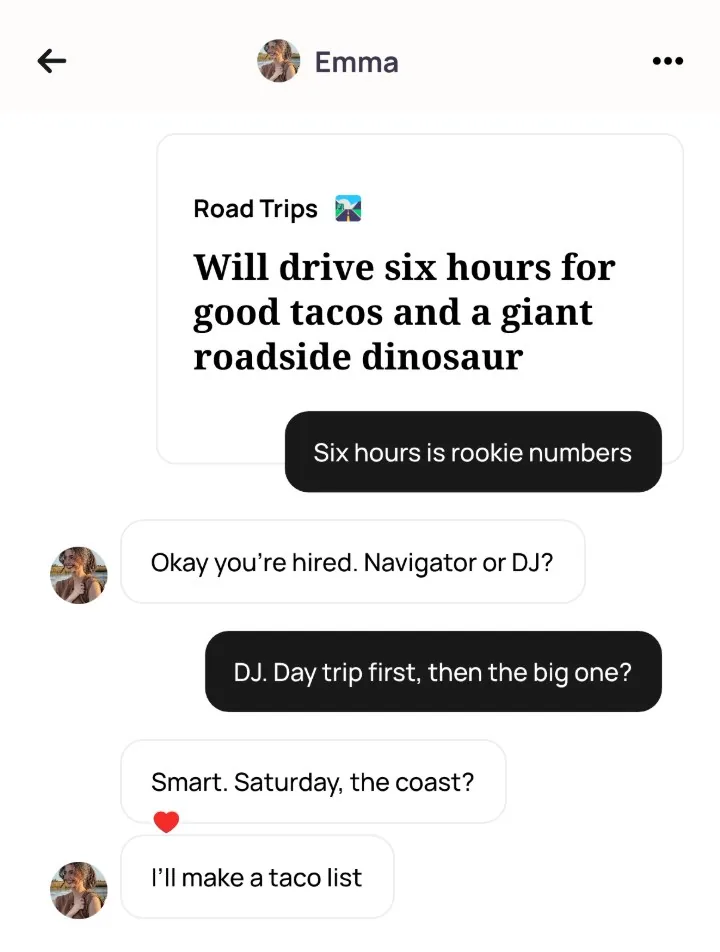 An Alyke chat with Emma that opens under her Road Trips card, from Six hours is rookie numbers to DJ. Day trip first, then the big one? and Smart. Saturday, the coast?