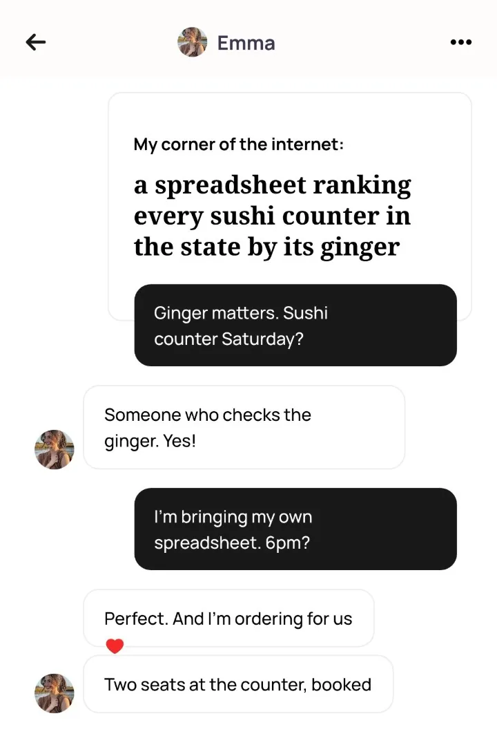 The Alyke chat that opens on Emma's sushi spreadsheet prompt and that comment, then a yes, a 6pm plan and two counter seats booked