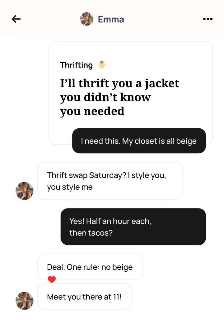 An Alyke chat with Emma that opens on her Thrifting card, I'll thrift you a jacket you didn't know you needed, and ends with a thrift swap planned for Saturday at 11 with one rule: no beige