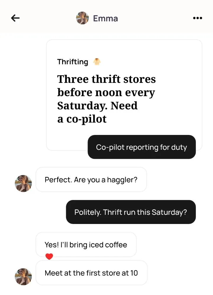 An Alyke chat with Emma that opens on her Thrifting card, starts with the comment Co-pilot reporting for duty and ends with a Saturday thrift run planned for 10 at the first store