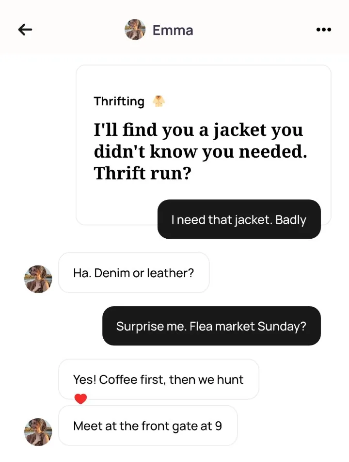 An Alyke chat with Emma that opens on her Thrifting card and ends with a Sunday flea market trip, coffee first, meeting at the front gate at 9