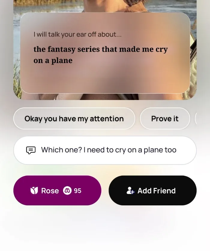 Replying on Alyke to the prompt I will talk your ear off about, answered the fantasy series that made me cry on a plane, with the reply Which one? I need to cry on a plane too typed in and the Rose and Add Friend buttons below