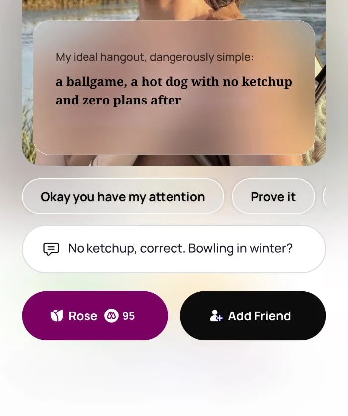 Replying on Alyke to a prompt that reads My ideal hangout, dangerously simple: a ballgame, a hot dog with no ketchup and zero plans after, with No ketchup, correct. Bowling in winter? typed in the reply box and the Rose and Add Friend buttons below