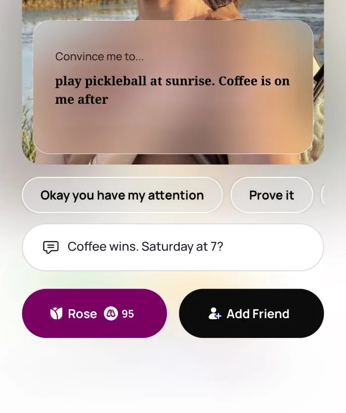 Commenting on an Alyke prompt that says Convince me to... with the answer: play pickleball at sunrise. Coffee is on me after, and the typed comment: Coffee wins. Saturday at 7?