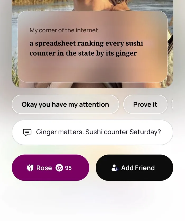 A comment being written on Emma's Alyke prompt My corner of the internet: a spreadsheet ranking every sushi counter in the state by its ginger. The comment reads Ginger matters. Sushi counter Saturday?