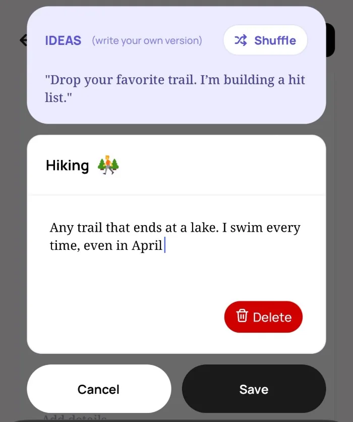 The Alyke interest editor for Hiking, with the app's idea above it and the typed line: Any trail that ends at a lake. I swim every time, even in April