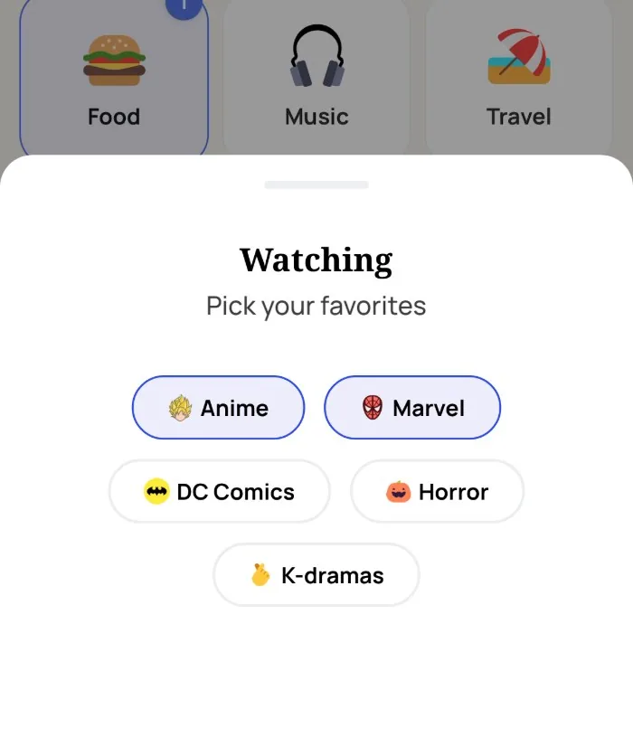 Alyke's interest picker open on the Watching category, with Anime and Marvel selected and DC Comics, Horror and K-dramas left unselected