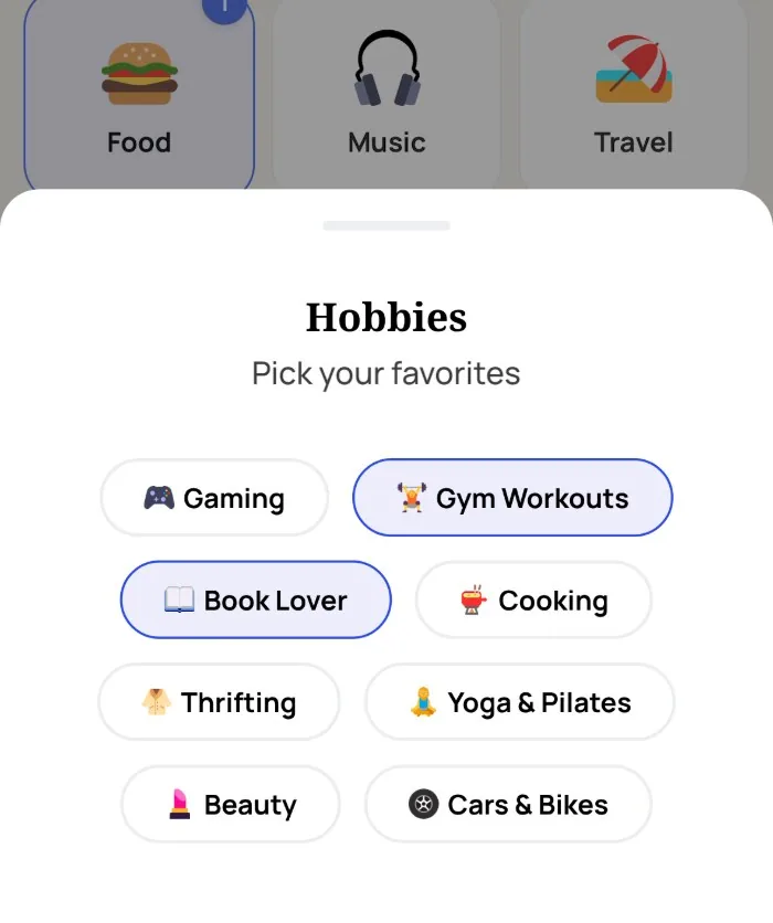 Alyke's interest picker open on the Hobbies category, with Book Lover and Gym Workouts selected and Gaming, Cooking, Thrifting, Yoga & Pilates, Beauty and Cars & Bikes left unselected