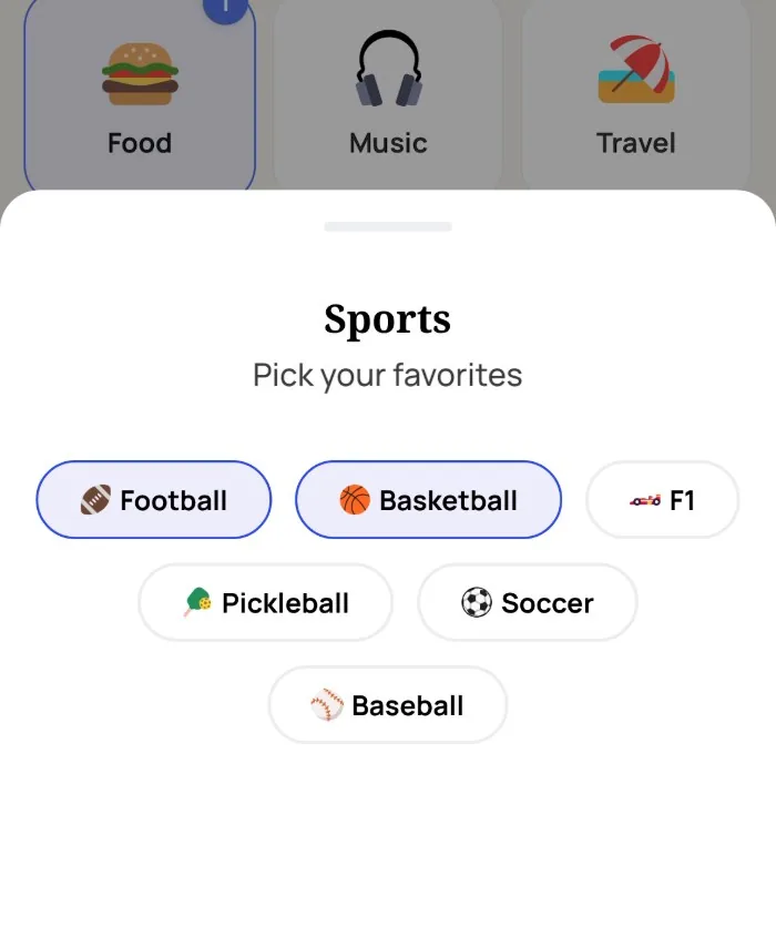 The Alyke interest picker open on the Sports category, with Football and Basketball selected and F1, Pickleball, Soccer and Baseball unselected