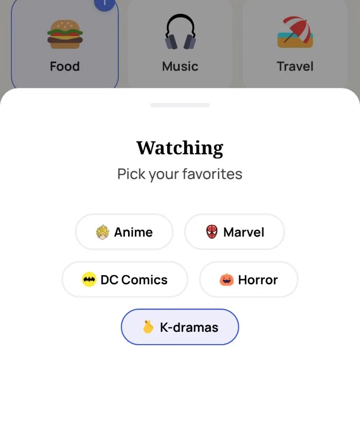 The Alyke interest picker open on the Watching category, with K-dramas selected and Anime, Marvel, DC Comics and Horror left unselected