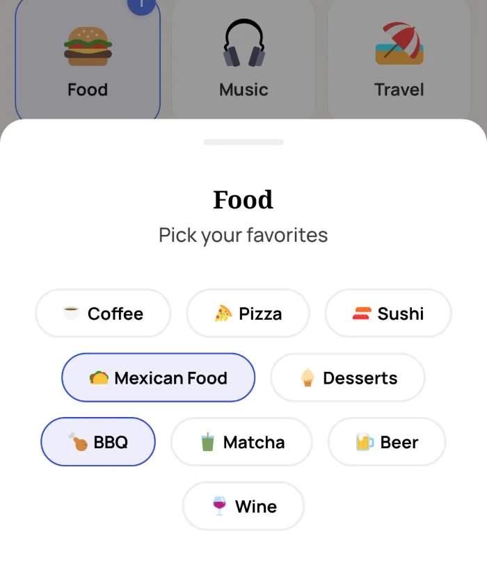 The Alyke interest picker open on the Food category, with Mexican Food and BBQ selected and Coffee, Pizza, Sushi, Desserts, Matcha, Beer and Wine unselected