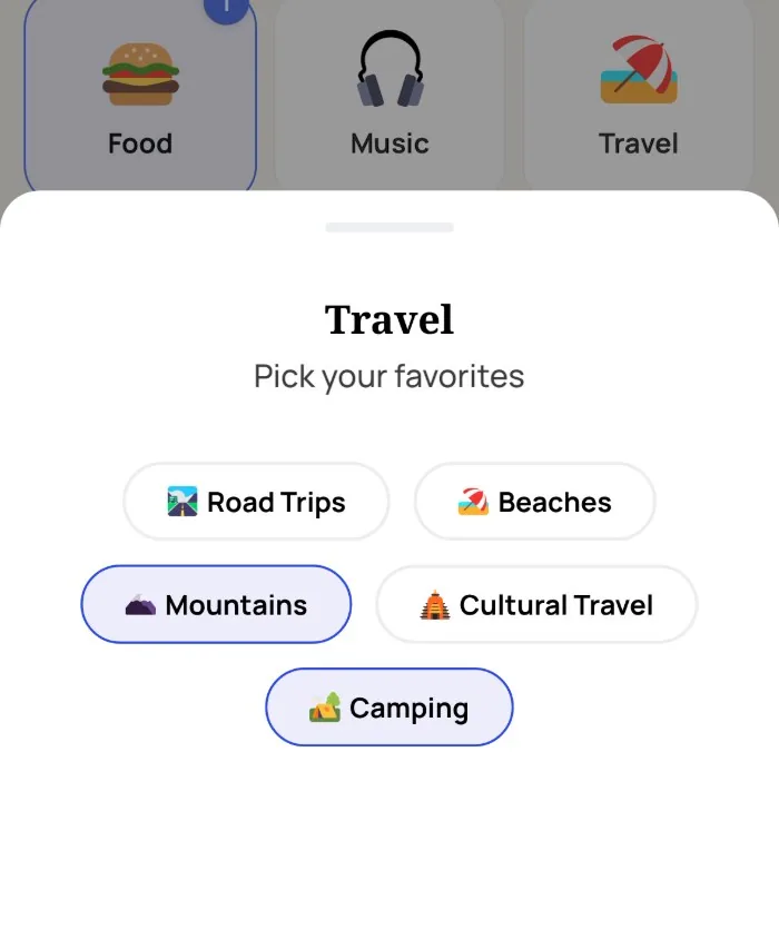 The Alyke interest picker open on the Travel category, with Mountains and Camping selected