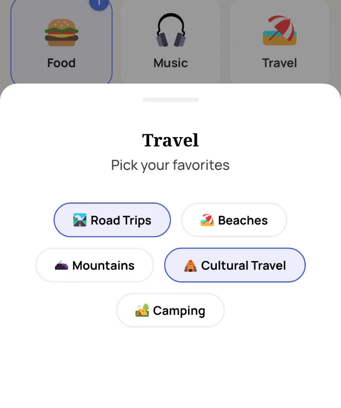 The Alyke interest picker open on the Travel category, with Road Trips and Cultural Travel selected and Beaches, Mountains and Camping unselected
