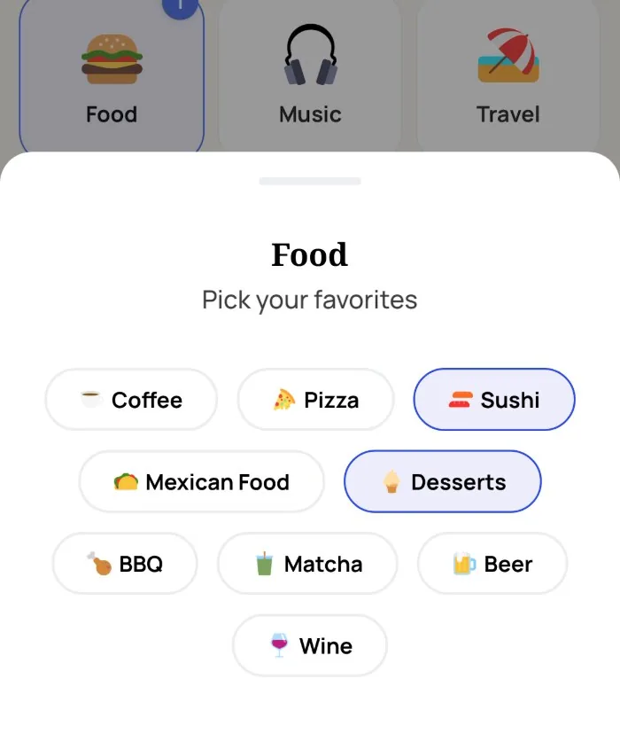 The Alyke interest picker open on Food, with Sushi and Desserts selected among Coffee, Pizza, Mexican Food, BBQ, Matcha, Beer and Wine