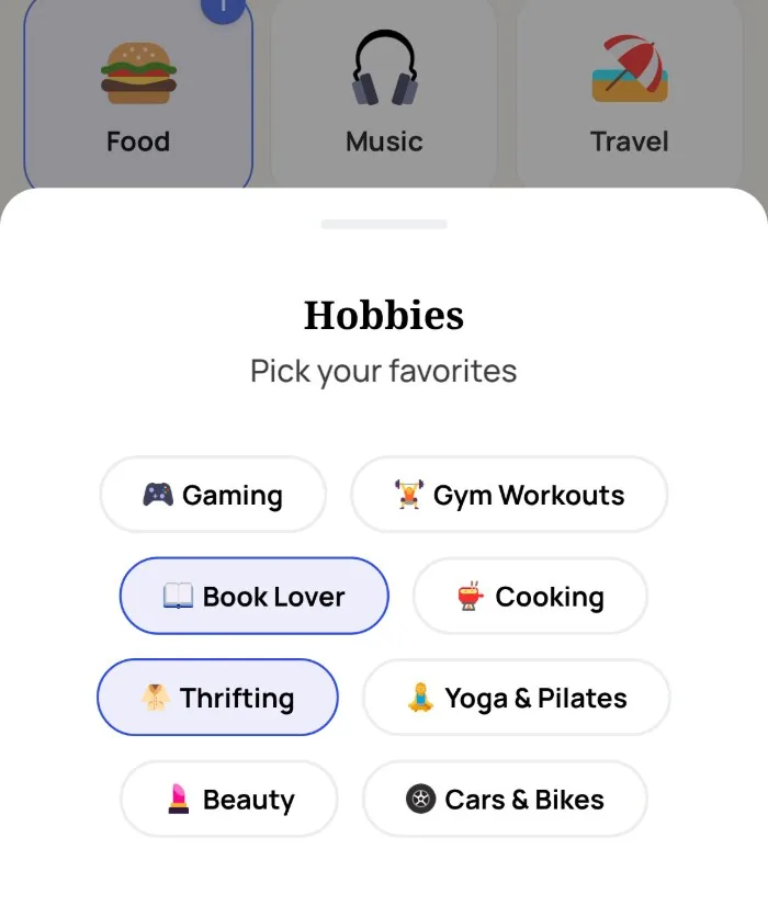 The Alyke interest picker open on the Hobbies category, with Thrifting and Book Lover selected