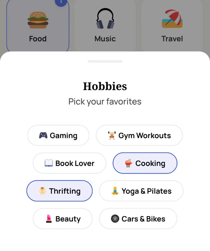 The Alyke interest picker open on the Hobbies category, with Thrifting and Cooking selected
