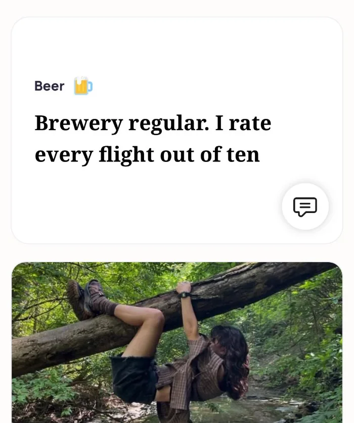An Alyke profile card for Beer that reads: Brewery regular. I rate every flight out of ten, above a photo of someone hanging from a fallen tree over a creek