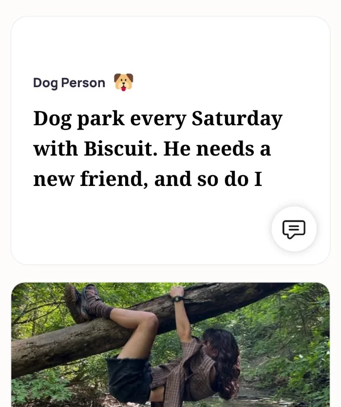 Emma's Alyke interest card for Dog Person that reads: Dog park every Saturday with Biscuit. He needs a new friend, and so do I