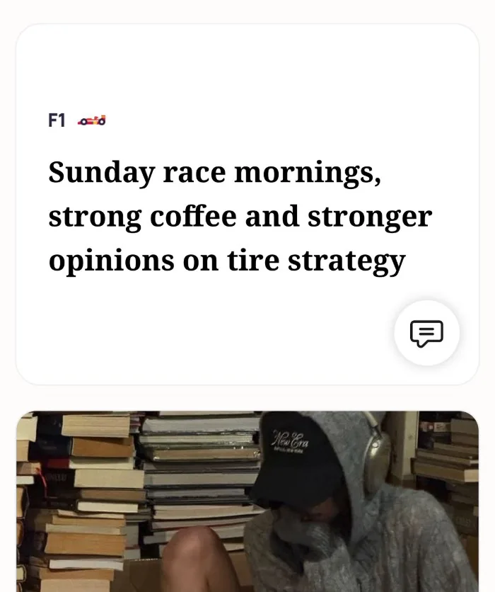 Emma's Alyke interest card for F1 that reads: Sunday race mornings, strong coffee and stronger opinions on tire strategy
