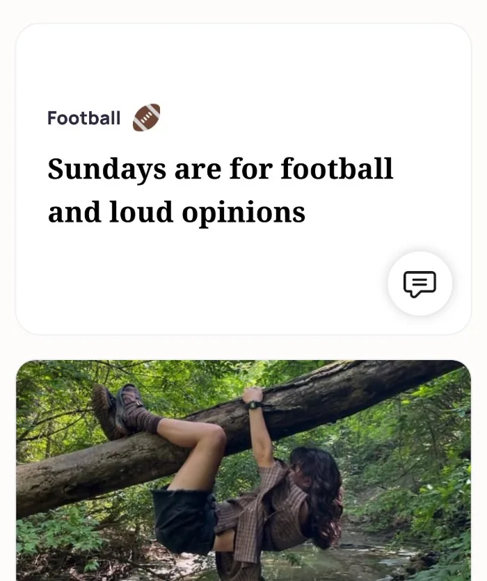 An Alyke profile card under Football that reads: Sundays are for football and loud opinions, above a photo of the member hanging from a fallen tree over a creek