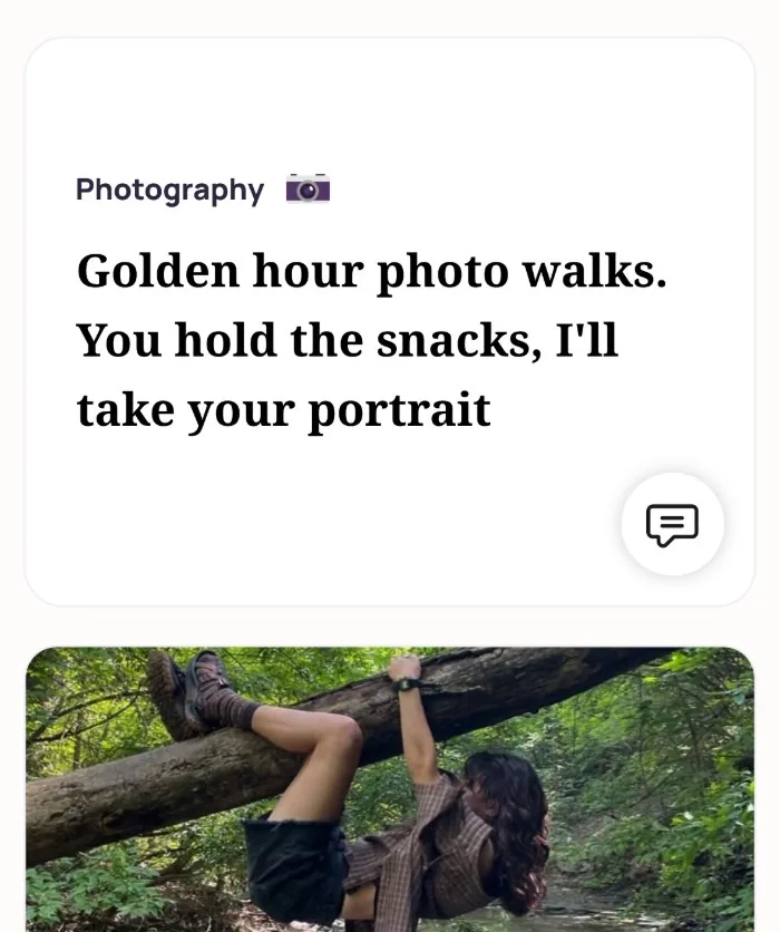 An Alyke profile card for Photography that reads: Golden hour photo walks. You hold the snacks, I'll take your portrait, above a photo of the member hanging off a fallen tree over a stream