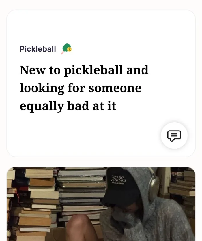 An Alyke profile card for Pickleball that reads: New to pickleball and looking for someone equally bad at it