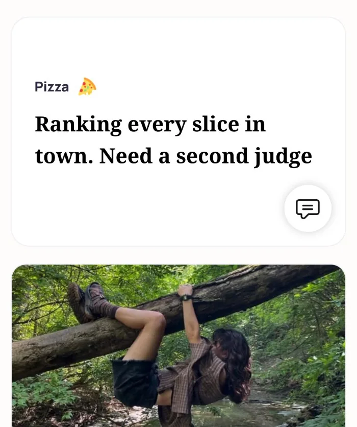 An Alyke profile card for Pizza whose line says its owner is ranking every slice and needs a second judge, above a photo of someone hanging from a fallen tree over a creek