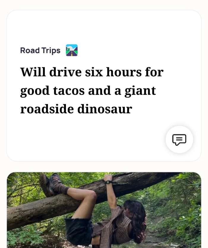 An Alyke Road Trips card that reads: Will drive six hours for good tacos and a giant roadside dinosaur, above a photo of the member hanging off a fallen tree over a stream