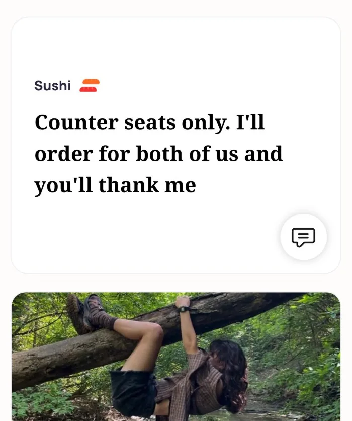 Emma's Alyke interest card for Sushi reading Counter seats only. I'll order for both of us and you'll thank me, above a photo of Emma sitting on a tree branch